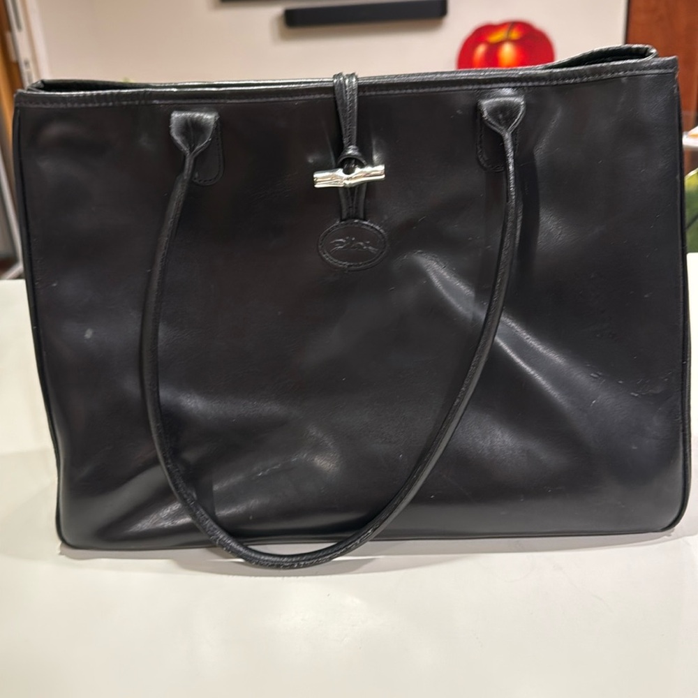 Longchamp Roseau.  BLACK  Leather Tote Bag